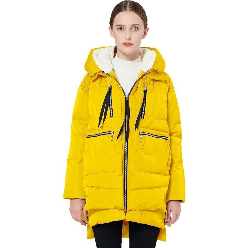 🆕 Women Yellow Thickened Down Fluffy Soft Rib-Knit Cuffs Light Rain Warm Jacket